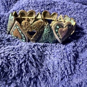 Silver Tone Heart Patterned Gold and Blue Bracelet
